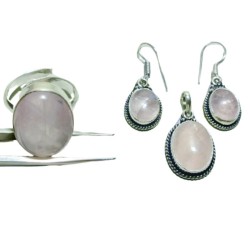 Rose Quartz Stone Jewellery Set - Ring, Pendent & Earrings With Lab Certified